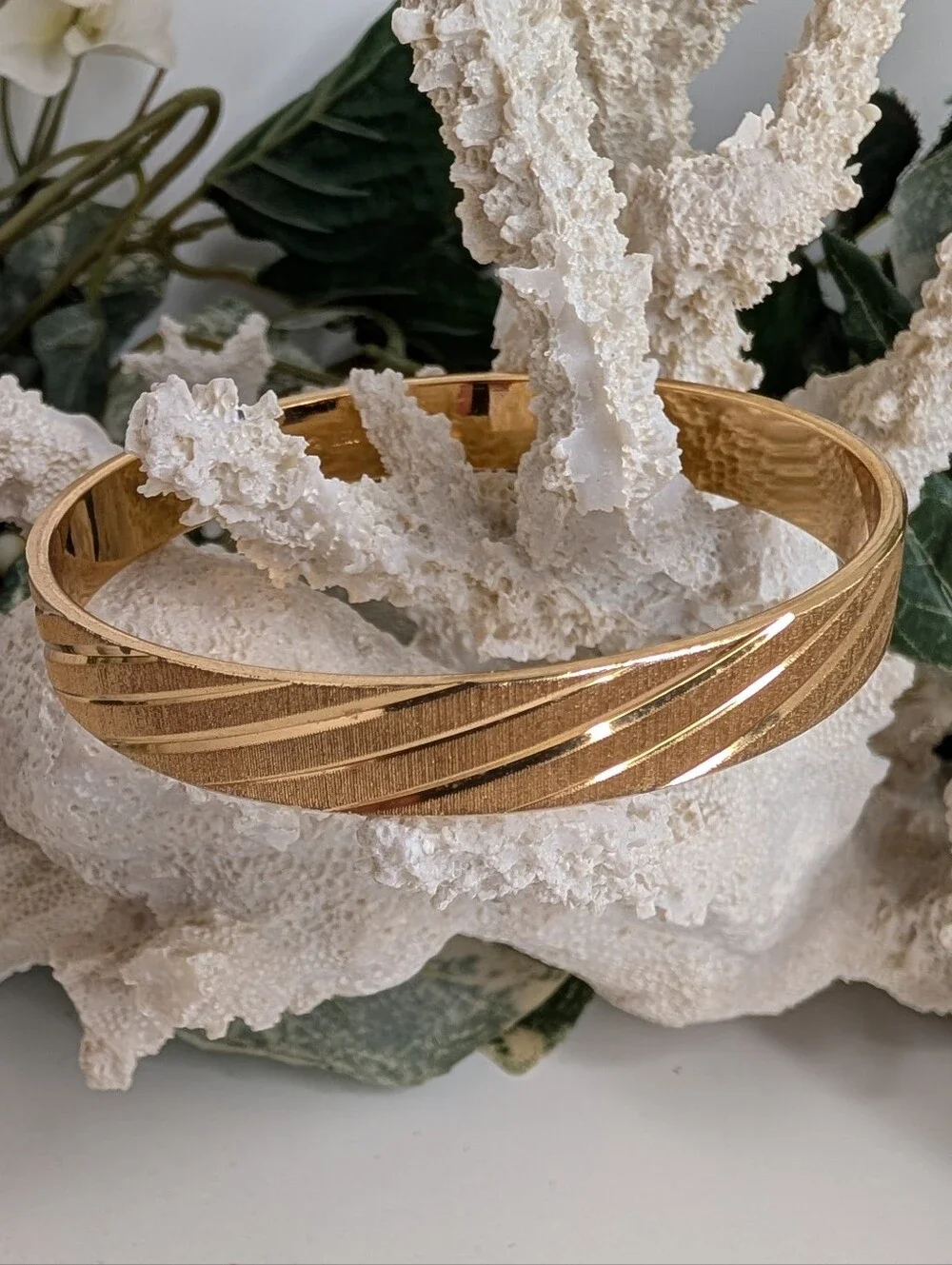 Vintage Monet Gold-Tone Textured Diagonal Stripe Bangle Bracelet